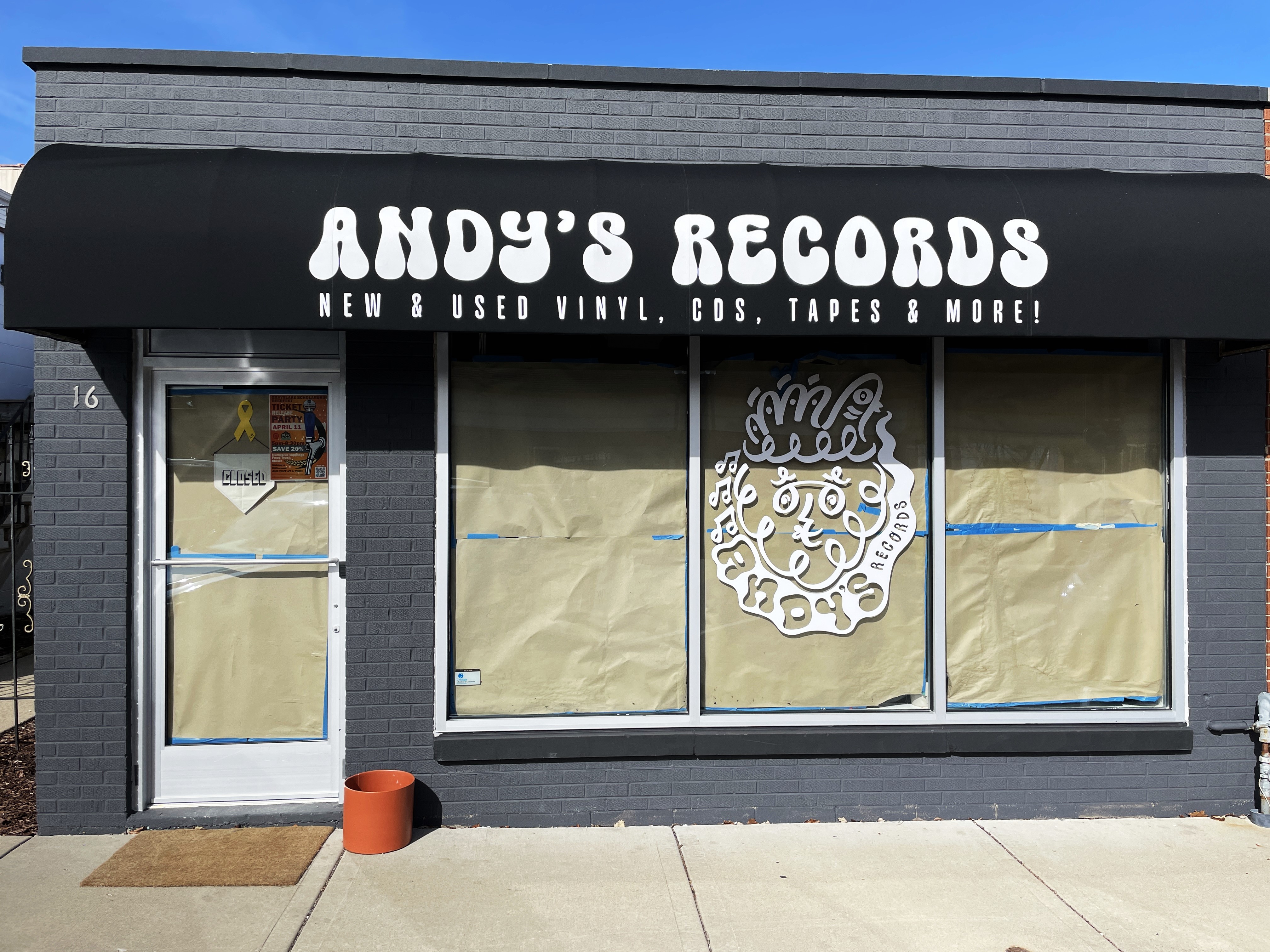 Andy's records storefront awning and window graphics vinyl