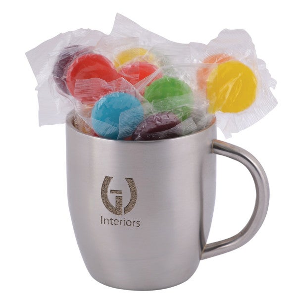 Custom Assorted Colour Lollipops in Stainless Steel Double Wall Curved Mug