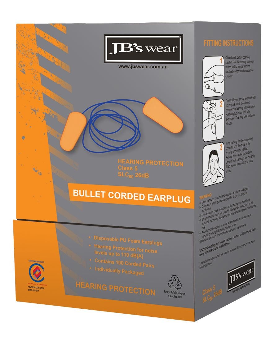 BULLET SHAPED CORDED EARPLUG (100PR)