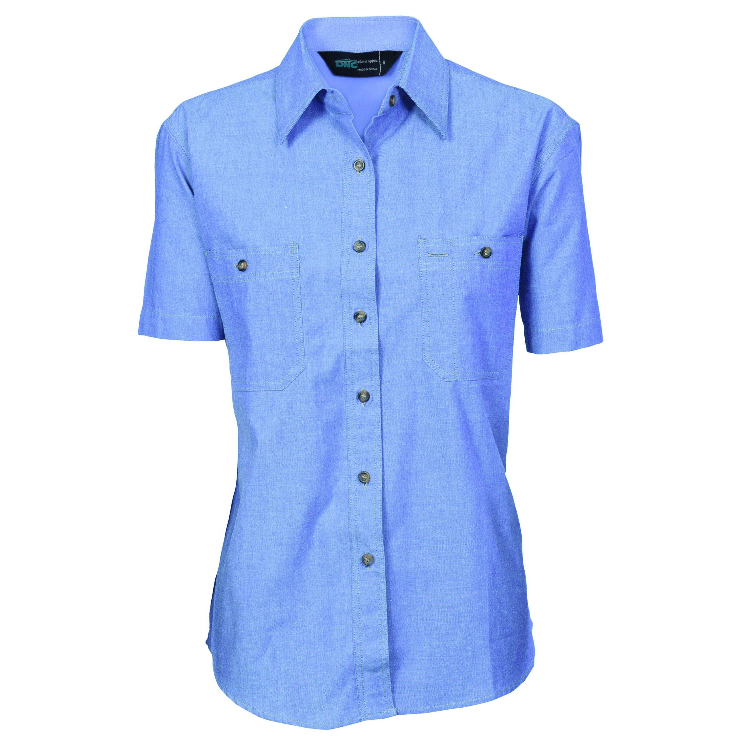 Ladies Cotton Chambray Shirt - Short Sleeve