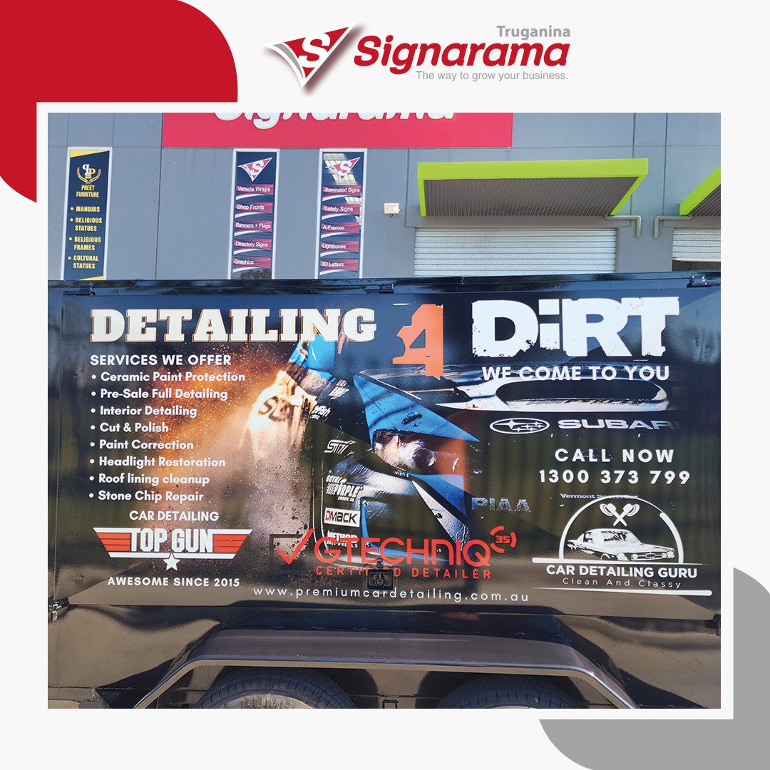 Car detailing Guru- Capture attention on the road with our trailer wrap sign.