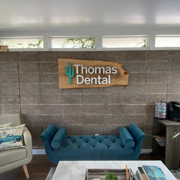 Thomas Dental lobby sign in front entrance, made from wood. 602.954.4682 http://www.ArcadiaSignarama.com