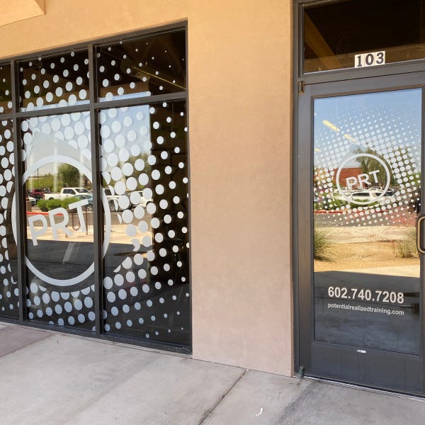 Potential Realized Training, PRT, Window Graphics, created and installed by Arcadia Signarama, call us at 602.954.4680 or online at http://www.ArcadiaSignarama.com