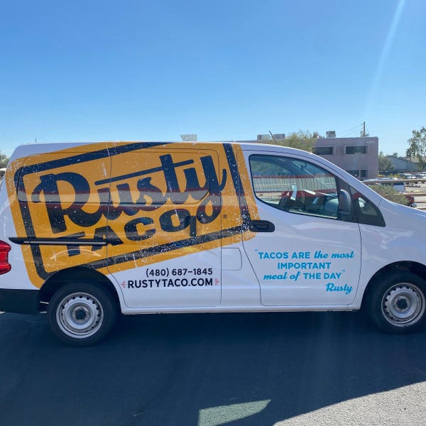 Rusty Taco Vehicle Van Custom Wrap Graphics, created and installed by Arcadia Signarama call us at 602.954.4680 or online at http://www.ArcadiaSignarama.com