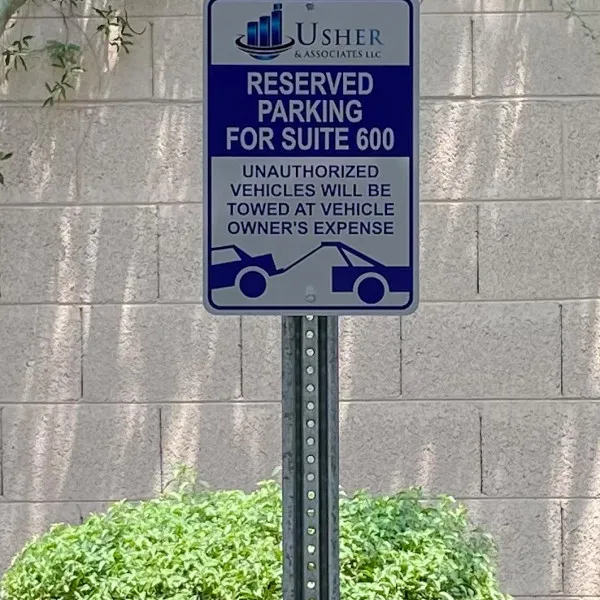 Usher and Associates reserved parking sign created and installed by Arcadia Signarama call us at 602.954.4680 or online at http://www.ArcadiaSignarama.com