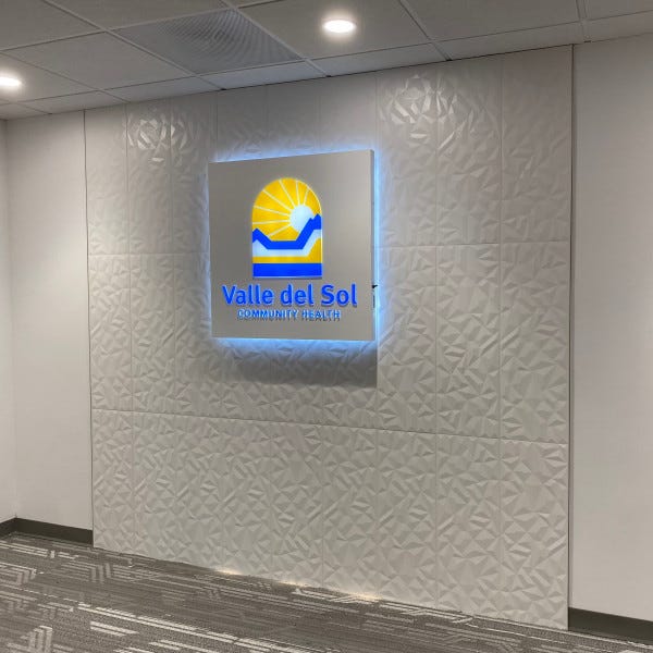 Valle Del Sol interior wall sign backlight led and Front illumination created and installed by Arcadia Signarama call us at 602.954.4680 or online at http://www.ArcadiaSignarama.com