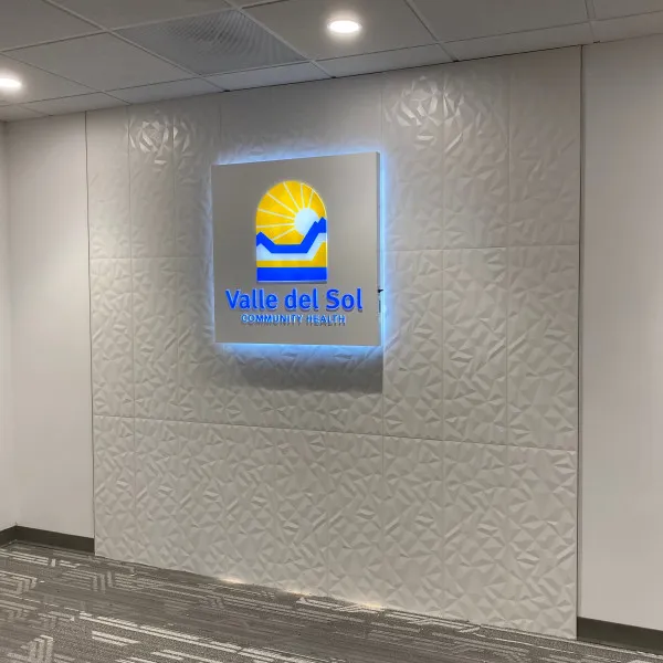 Valle Del Sol interior wall sign backlight led and Front illumination created and installed by Arcadia Signarama call us at 602.954.4680 or online at http://www.ArcadiaSignarama.com