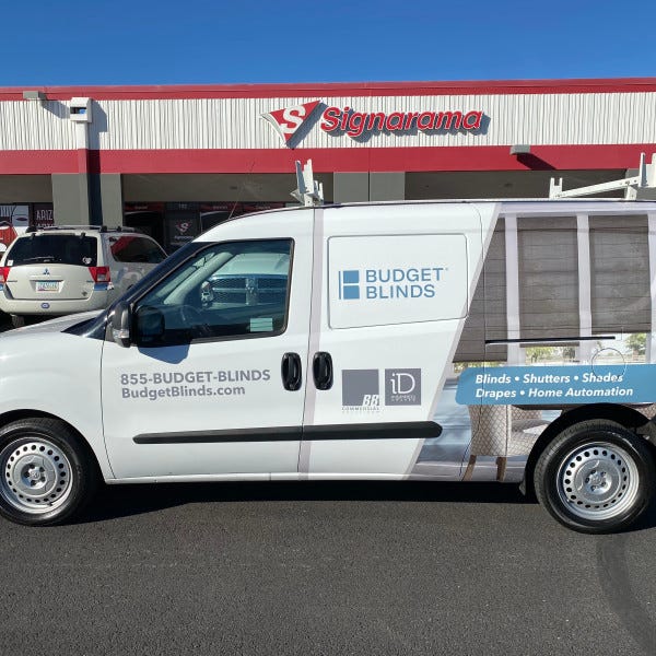 Budget Blinds van wrap graphics created and installed by arcadia Signarama call us at 602.954.4680 or online at http://www.ArcadiaSignarama.com