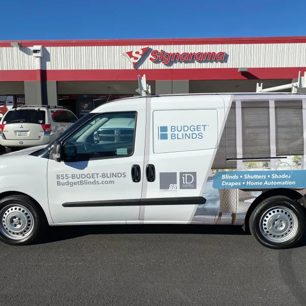 Budget Blinds van wrap graphics created and installed by arcadia Signarama call us at 602.954.4680 or online at http://www.ArcadiaSignarama.com
