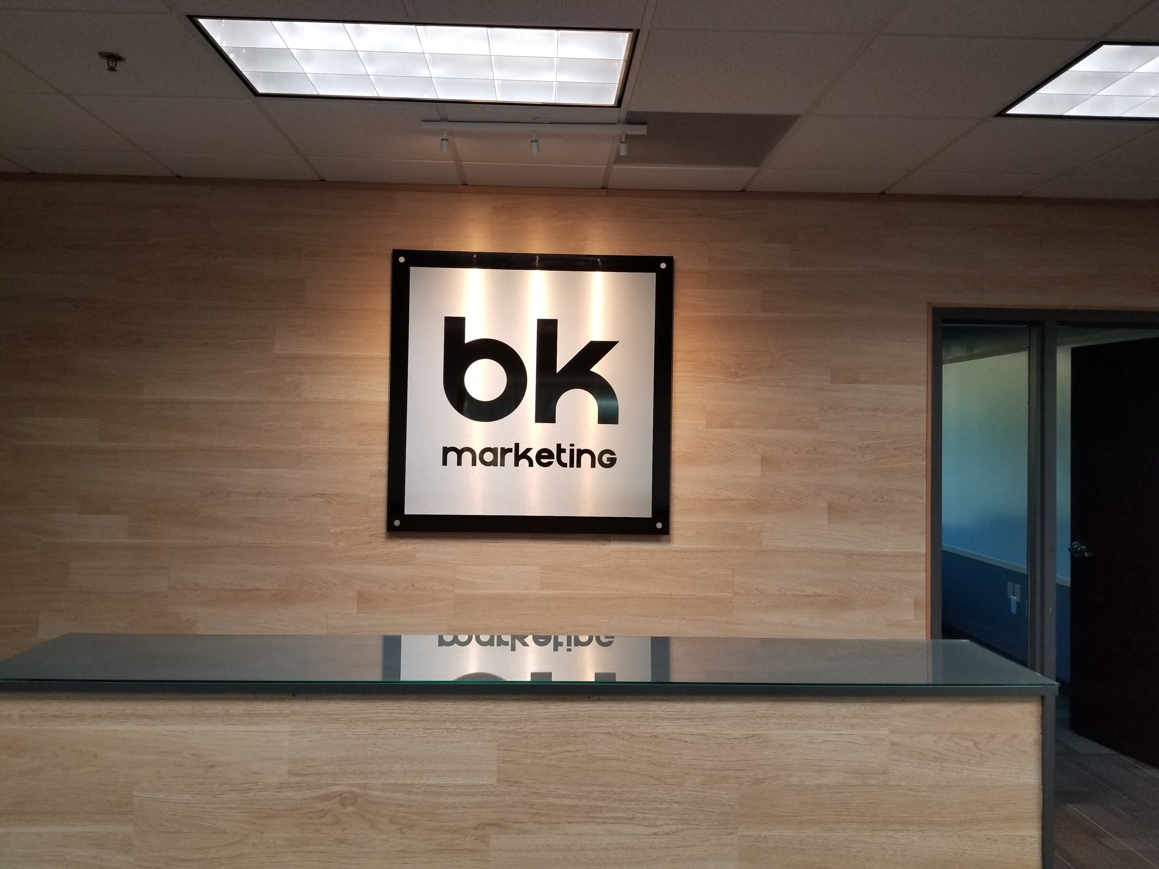 Brushed Metal ACM on Aluminum Standoffs Reception Sign • Illuminated Monument Sign • Trailer Decals • Interior Privacy Windows with name and logo cutouts - Orem, Ut.