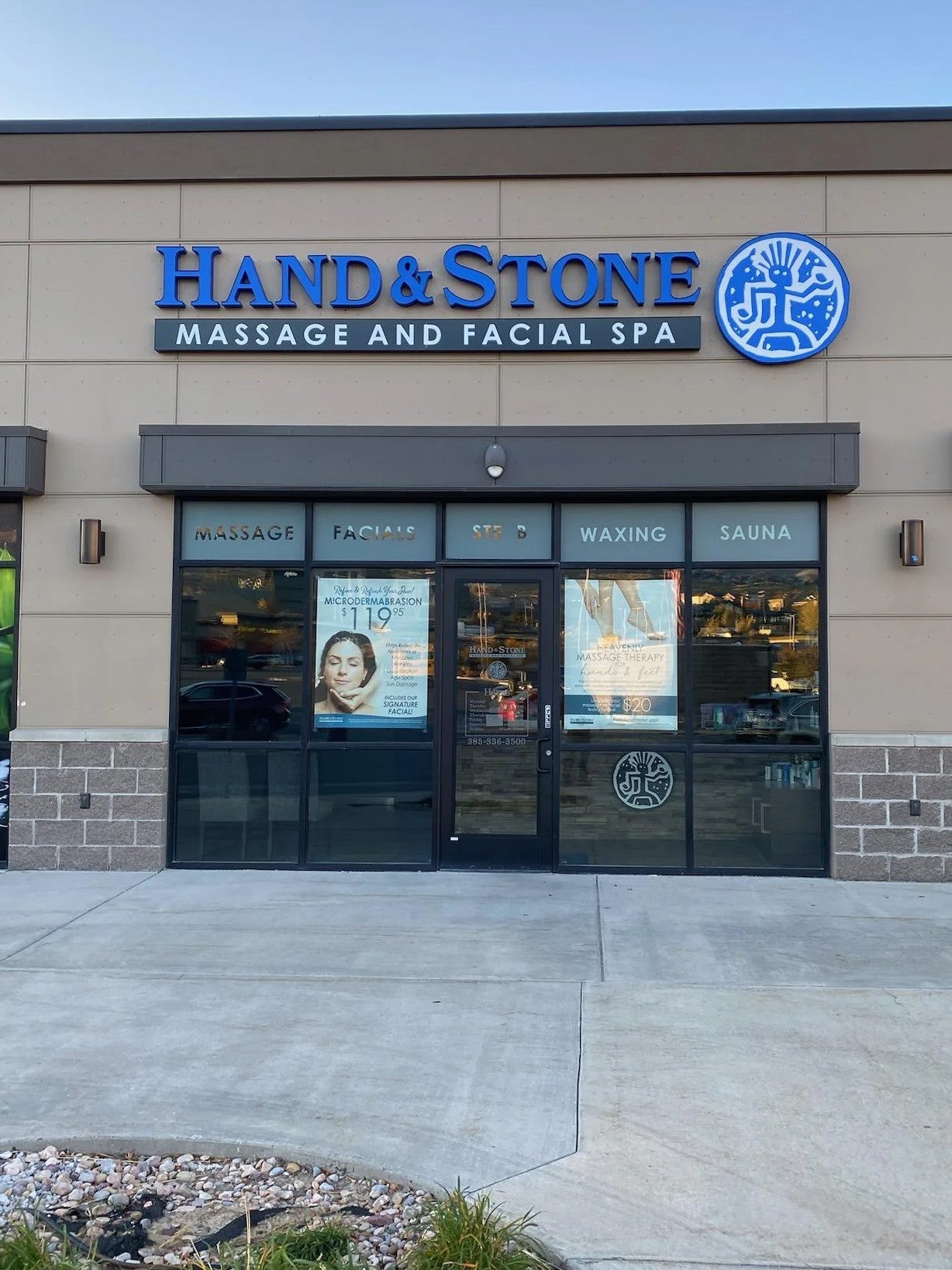 Reception Desk Medallion • Waterfall Sign • Interior Door Dusted Vinyl Signage • Exterior Channel Letters and Illuminated Cabinet Signs -Lehi, Ut.