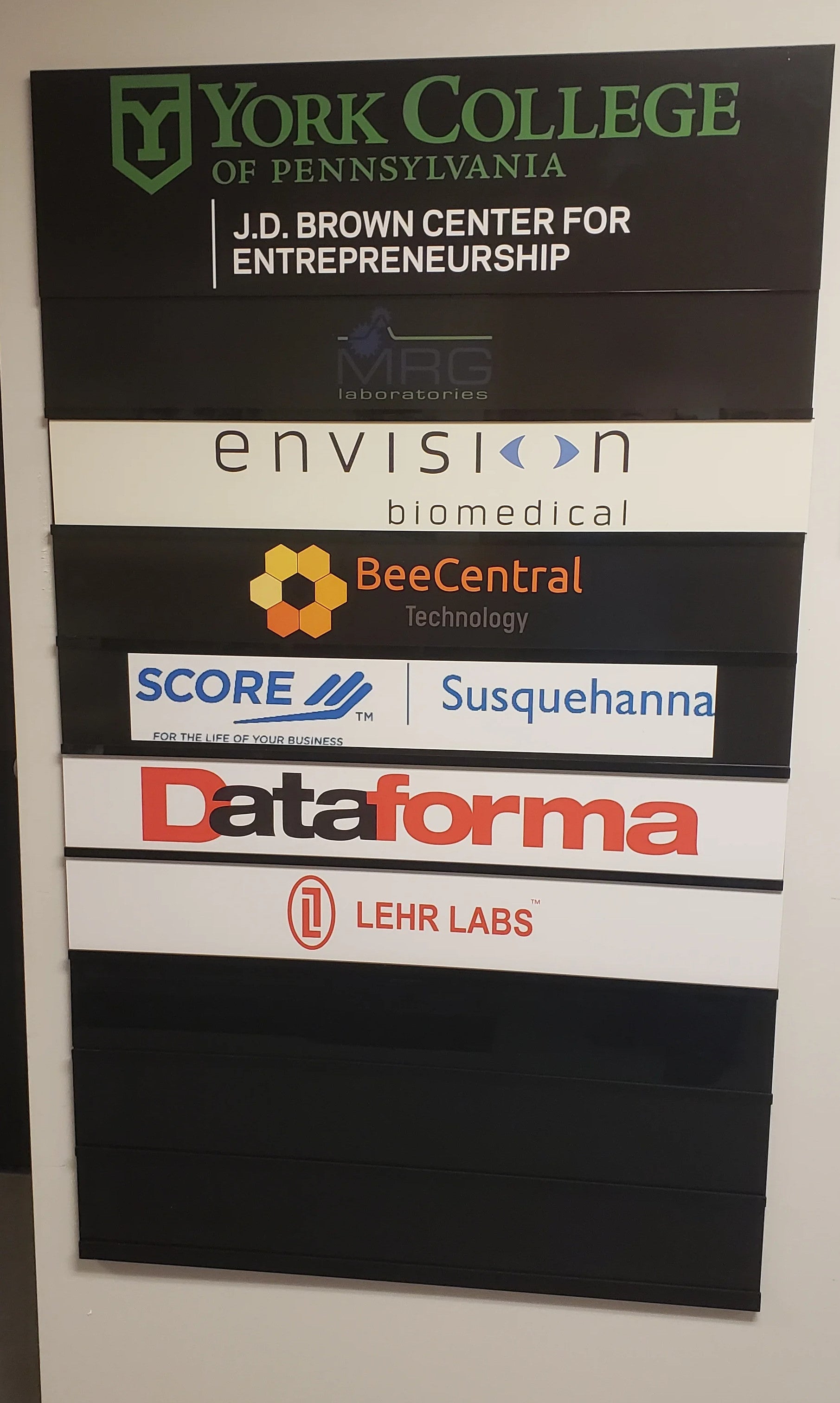 Acrylic Directory & Office Signs for York College of PA's J.D. Brown Center for Entrepreneurship