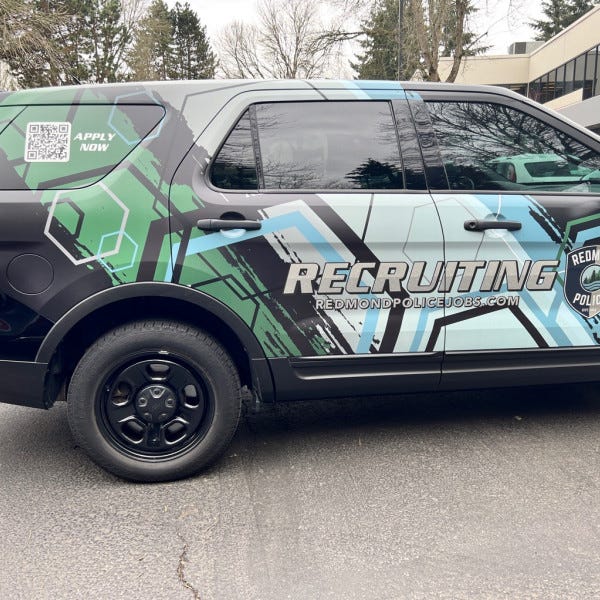 Redmond Police Department ramps up recruiting efforts with a custom-wrapped patrol vehicle - Redmond, WA