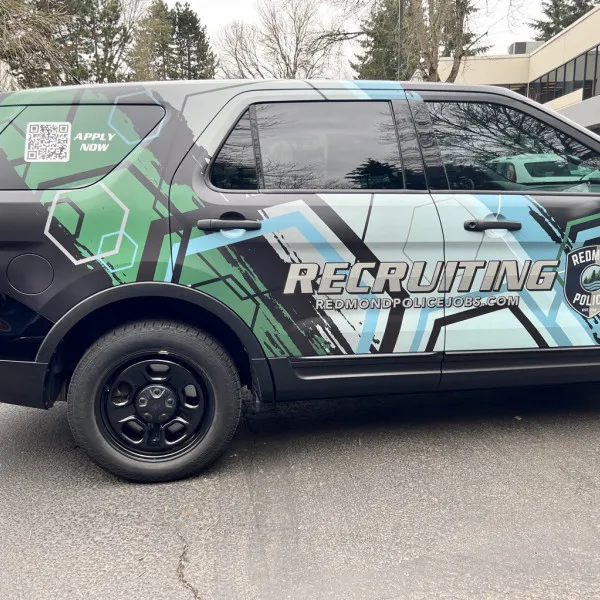 Redmond Police Department ramps up recruiting efforts with a custom-wrapped patrol vehicle - Redmond, WA
