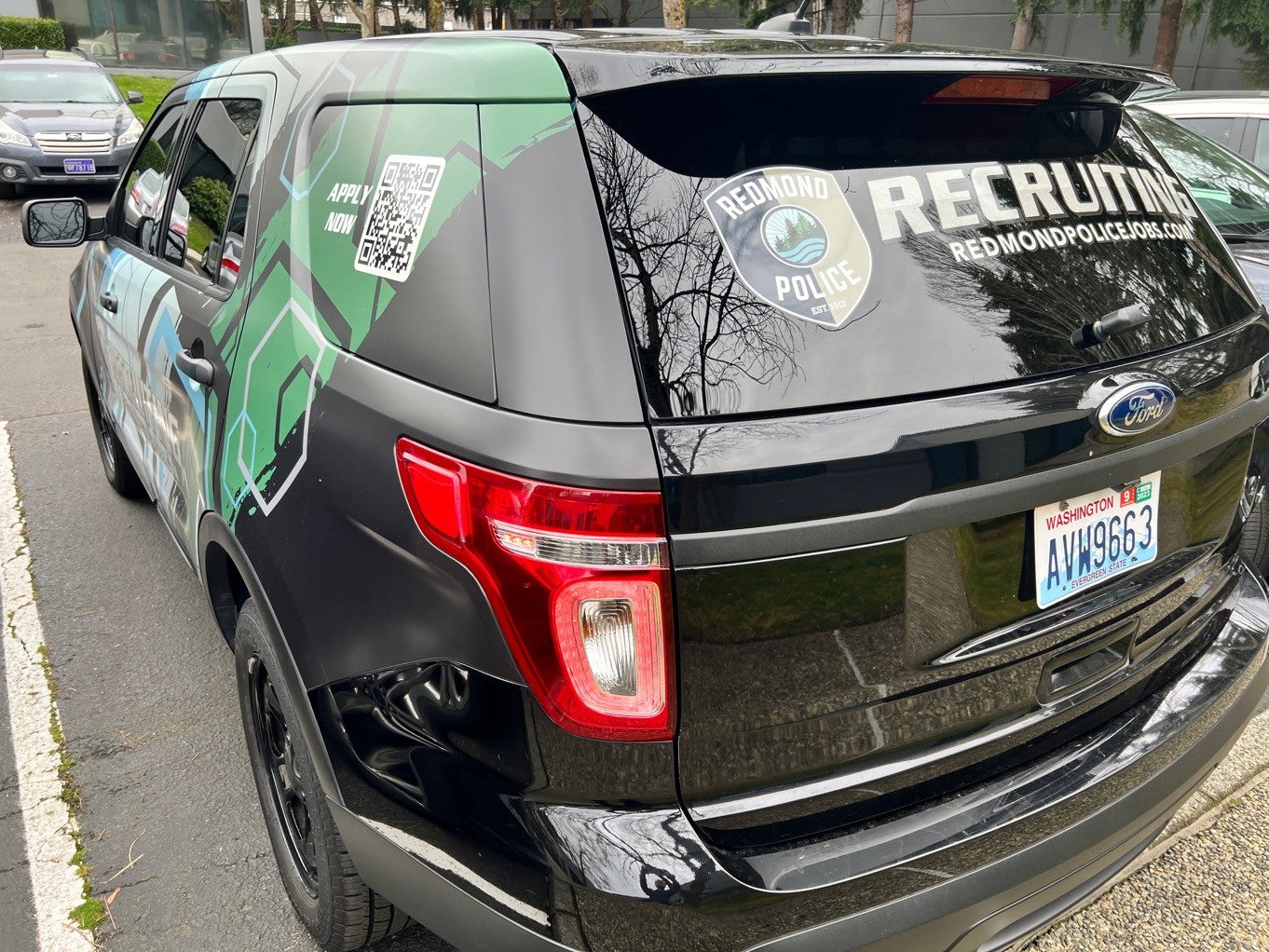 Redmond Police Department ramps up recruiting efforts with a custom-wrapped patrol vehicle - Redmond, WA