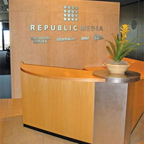 Interior sign for Republic Media, Arizona Republic, NBC 12 News, Azcentral.com, Lavoz, by Midtown Signarama, (Phoenix), 602.650.1150, MidtownSignsAZ.com