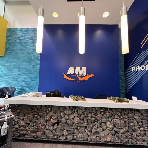 Aviation Institute of Maintenance indoor reception sign 3d lettering  4025 S 32nd St, Phoenix, AZ 85040, by Midtown Signarama (Phoenix), 602.650.1150, http://www.MidtownSignsAZ.com