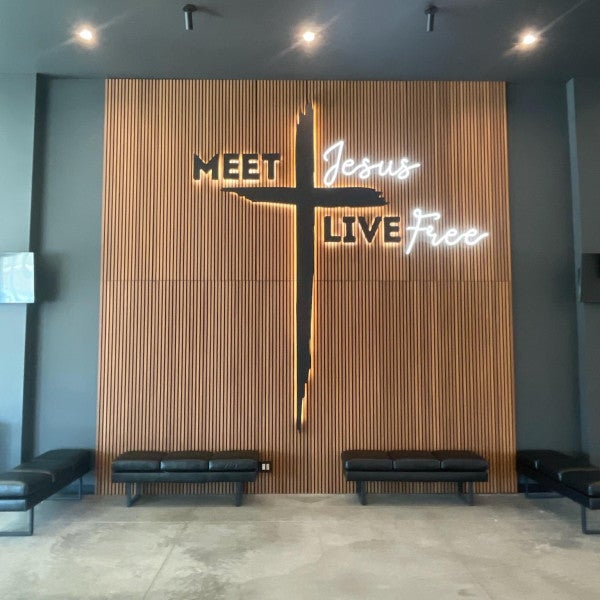 Interior, Dimensional, Custom LED Illuminated, HDU Routed Icon & Letters, and Cut-to-Shape Acrylic LED/Neon-lit sign