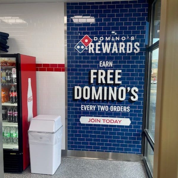 Dominos Pizza Rewards Graphic in front of Store by Midtown Signarama Phoenix, 602.650.1150, www.MidtownSignsAZ.com