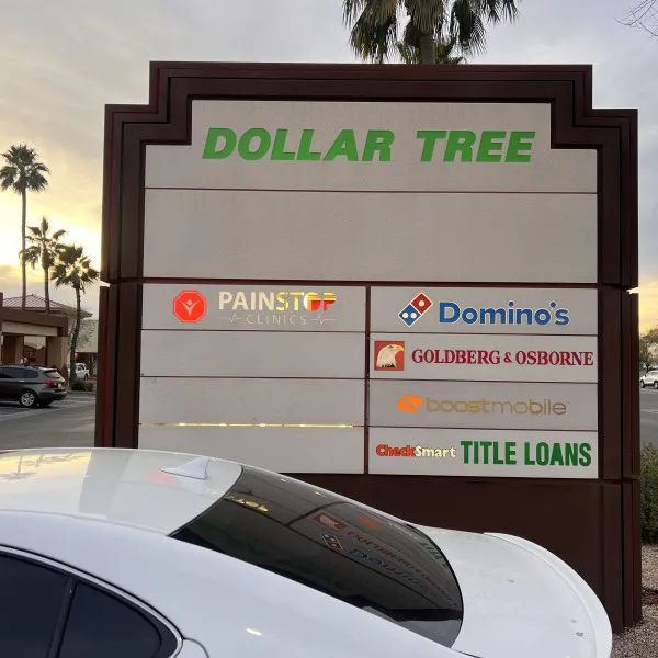 Dollar Tree Plaza, Pain Stop Clinics, Domino's, Boost Mobile, Check Smart Title Loans, Monument Sign by Midtown Signarama Phoenix, 602.650.1150, www MidtownsignsAZ com