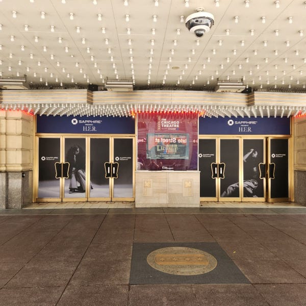 The Chicago Theater door graphics mural Chase bank advertisement promotion event custom design digitally printed lettering installed on glass windows by Signarama, IL