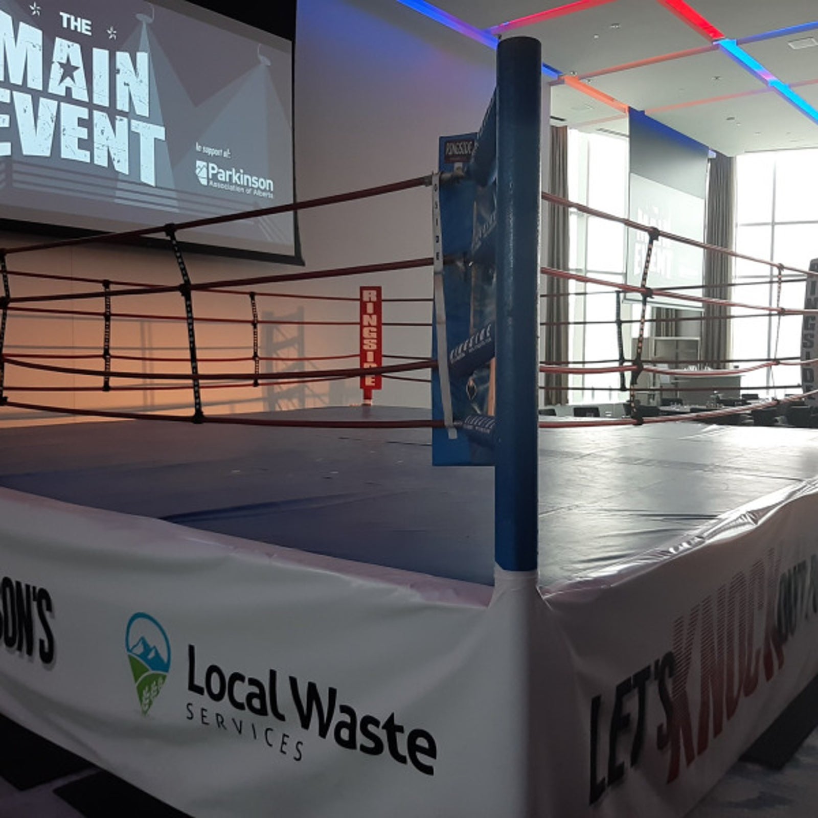 Vinyl Banner on Boxing Ring for Parkinson Association of Alberta Charity Event in Edmonton, AB
