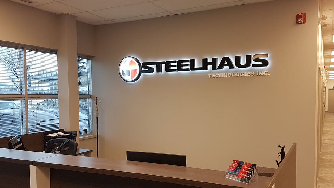 Backlit Reception Sign for Steelhaus in Edmonton, AB