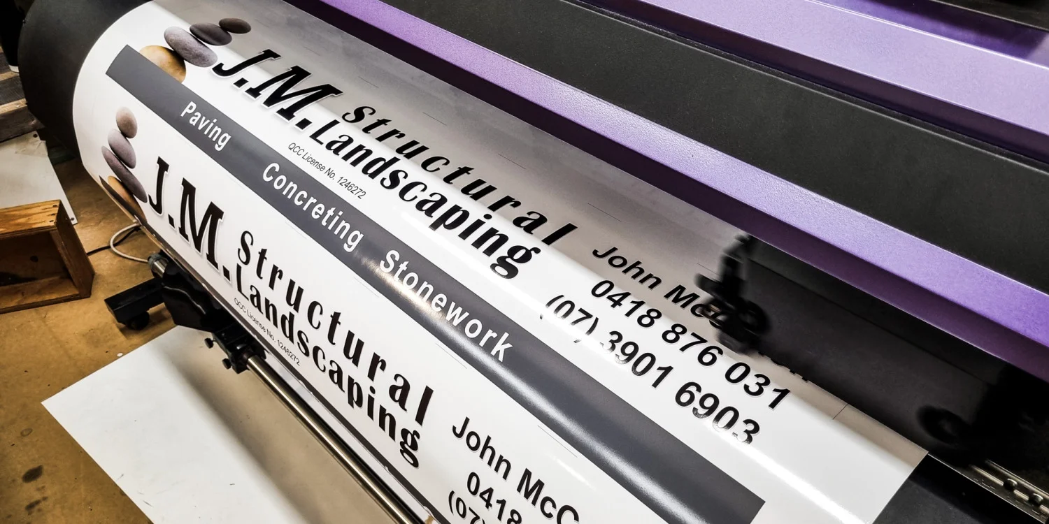 Printing of JM Structural Landscaping graphic on vinyl
