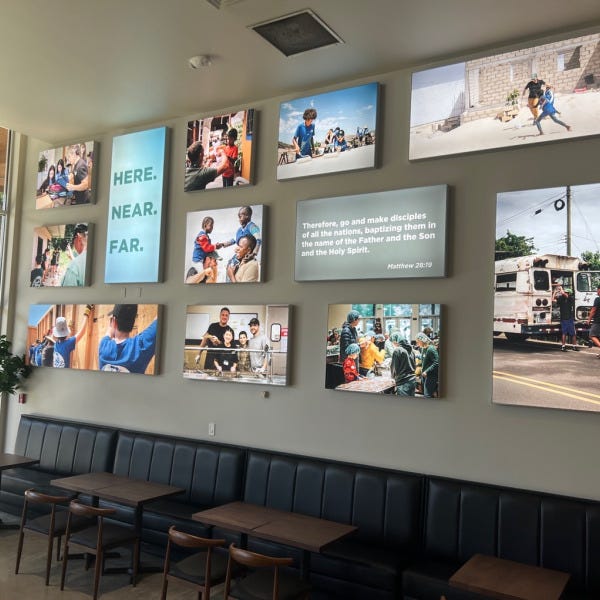 Custom Signs - Tension Fabric Lightbox Wall Collage highlights Mission Work and Vibrant Community - Timberlake Church, Redmond, WA