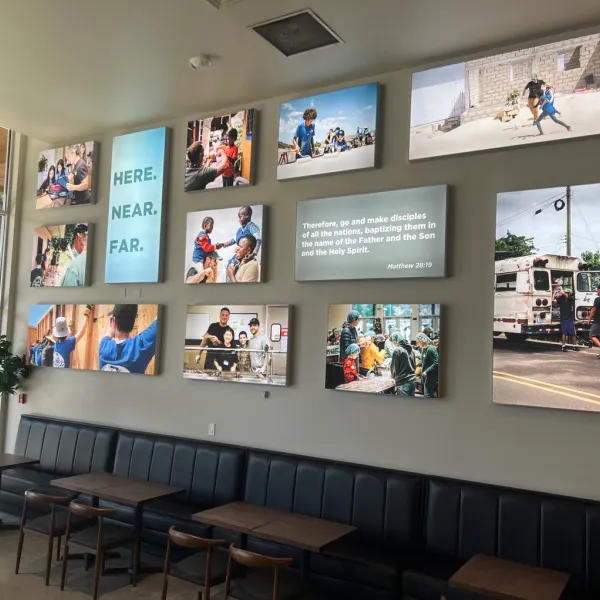 Custom Signs - Tension Fabric Lightbox Wall Collage highlights Mission Work and Vibrant Community - Timberlake Church, Redmond, WA