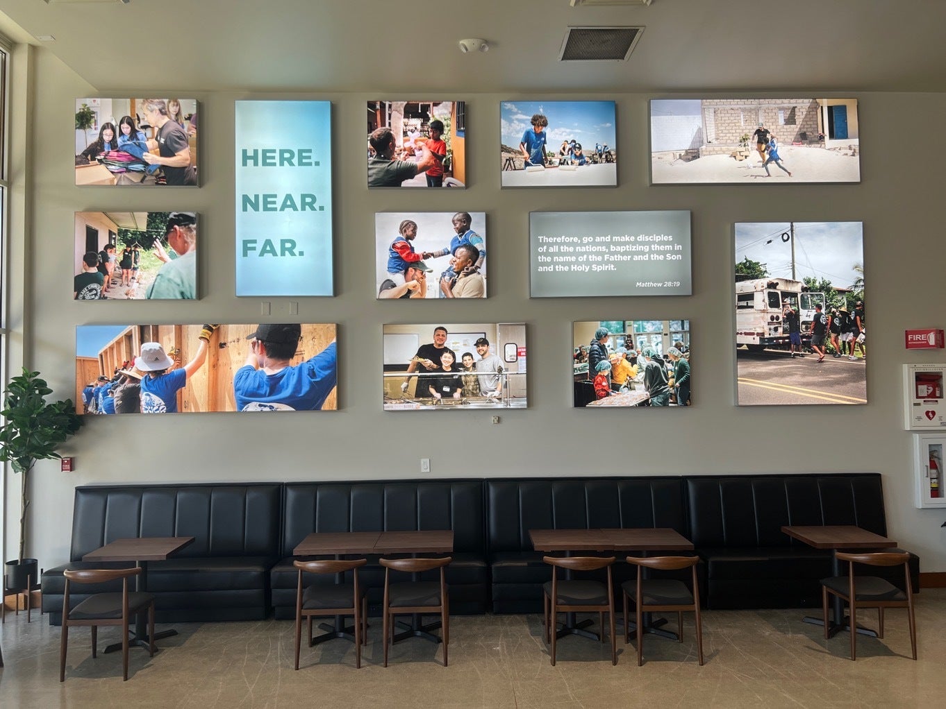 Custom Signs - Tension Fabric Lightbox Wall Collage highlights Mission Work and Vibrant Community - Timberlake Church, Redmond, WA