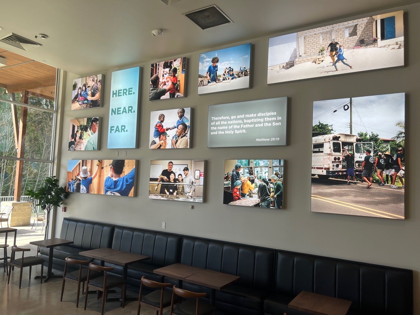 Custom Signs - Tension Fabric Lightbox Wall Collage highlights Mission Work and Vibrant Community - Timberlake Church, Redmond, WA
