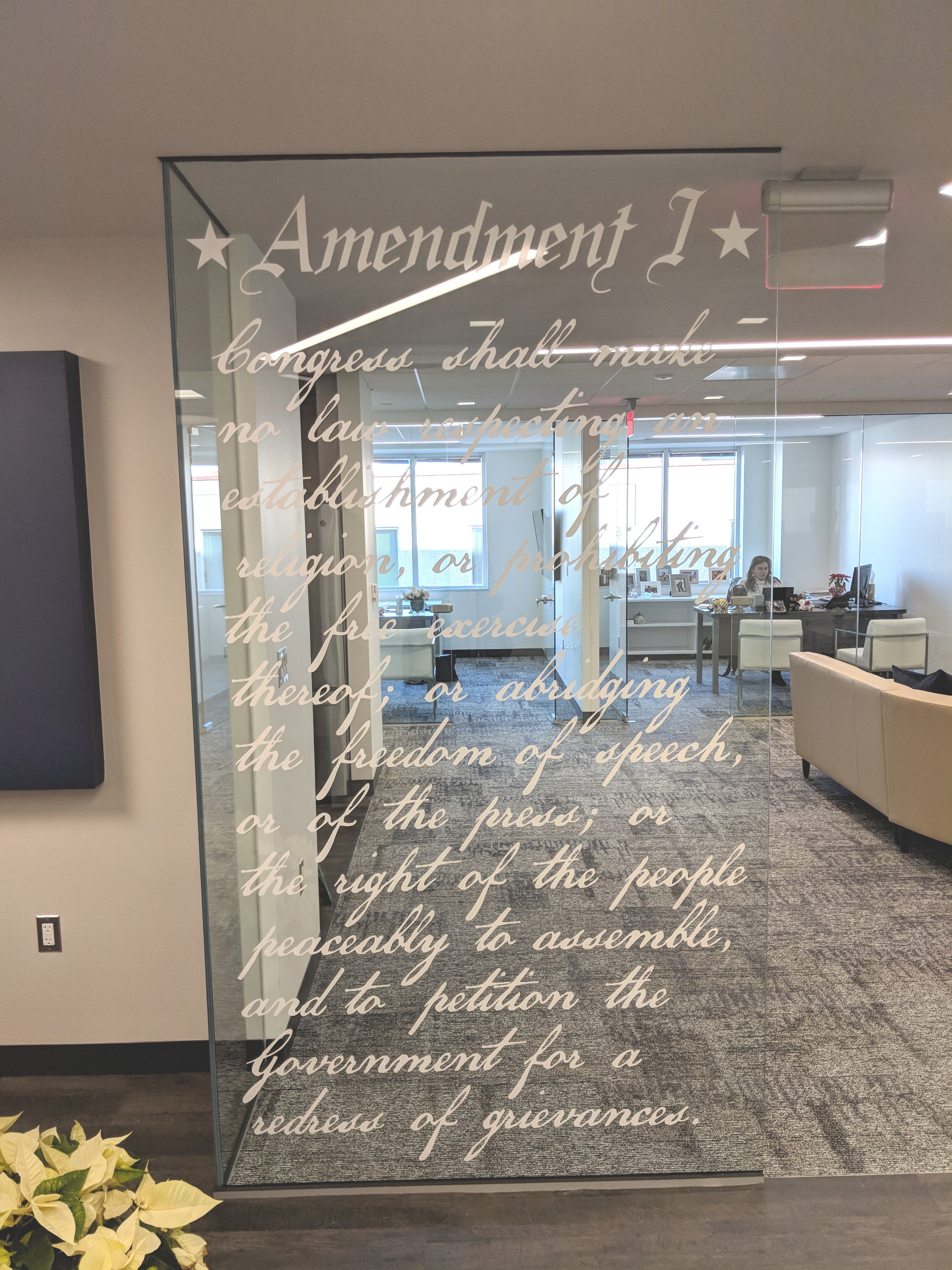 The 1st Amendment in White Vinyl Lettering for The Petrizzo Group, Washington DC