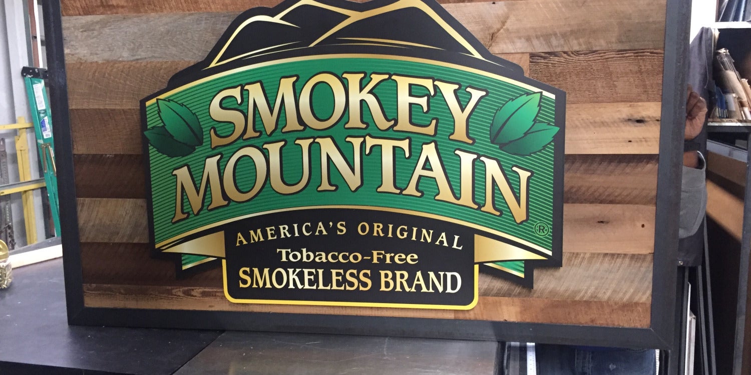 Smokey Mountain tobacco-free smokeless brand custom wooden sign