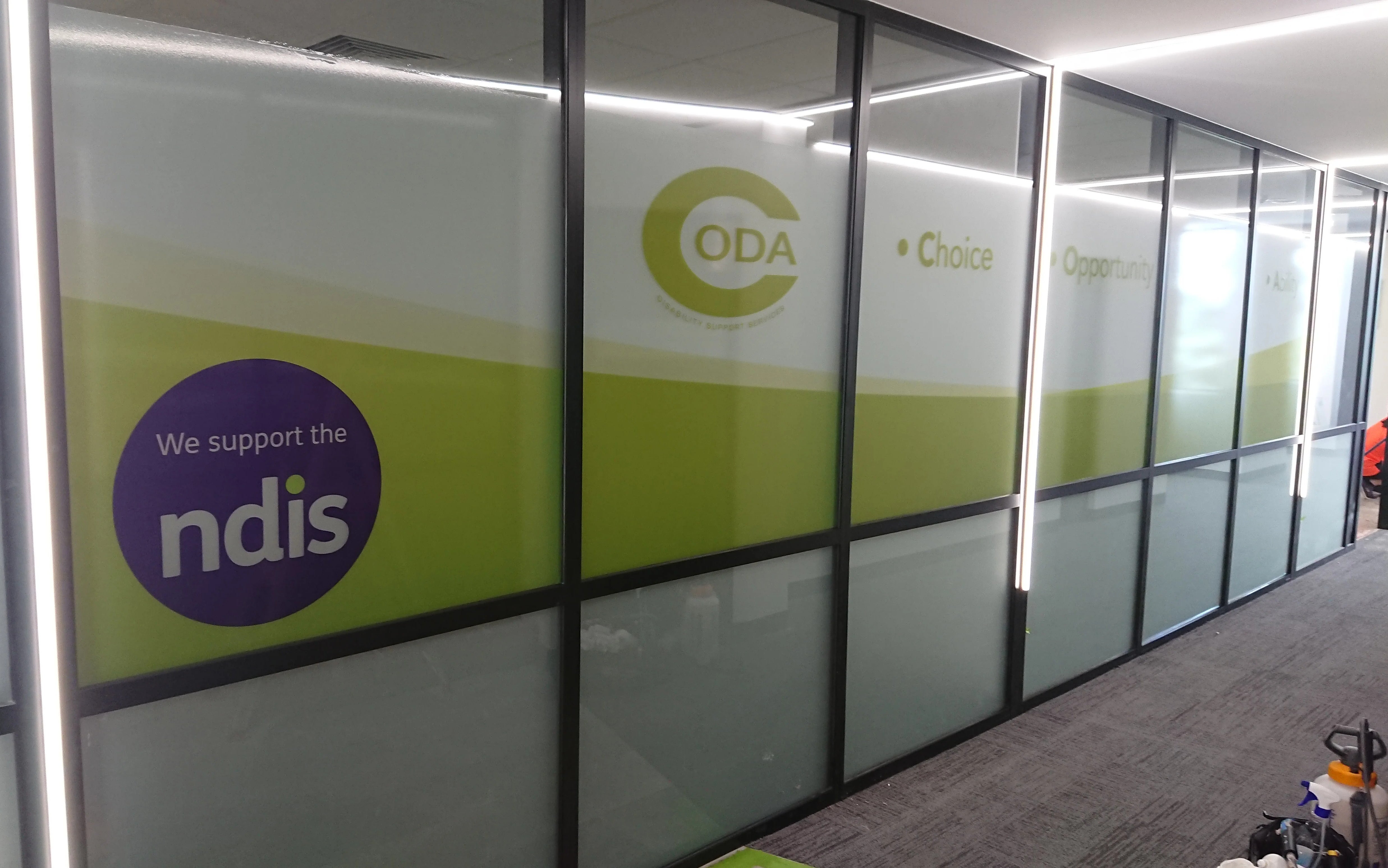 Frosted vinyl and digitally printed graphics for maximum impact..
