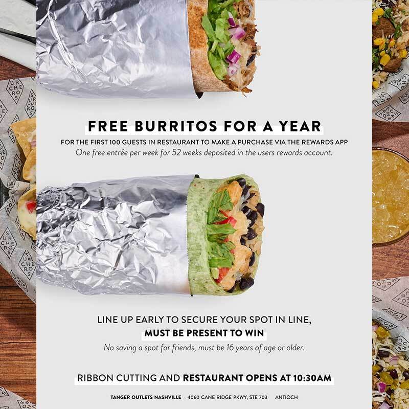 Buckle Up Nashville, Surcheros' Free Burritos for a Year Offer Sparks Tex-Mex Mania at Tanger Outlets Debut!