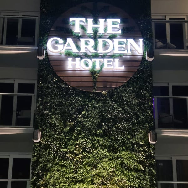 The Garden Hotel, Front illuminated Channel letters, greenery wall
