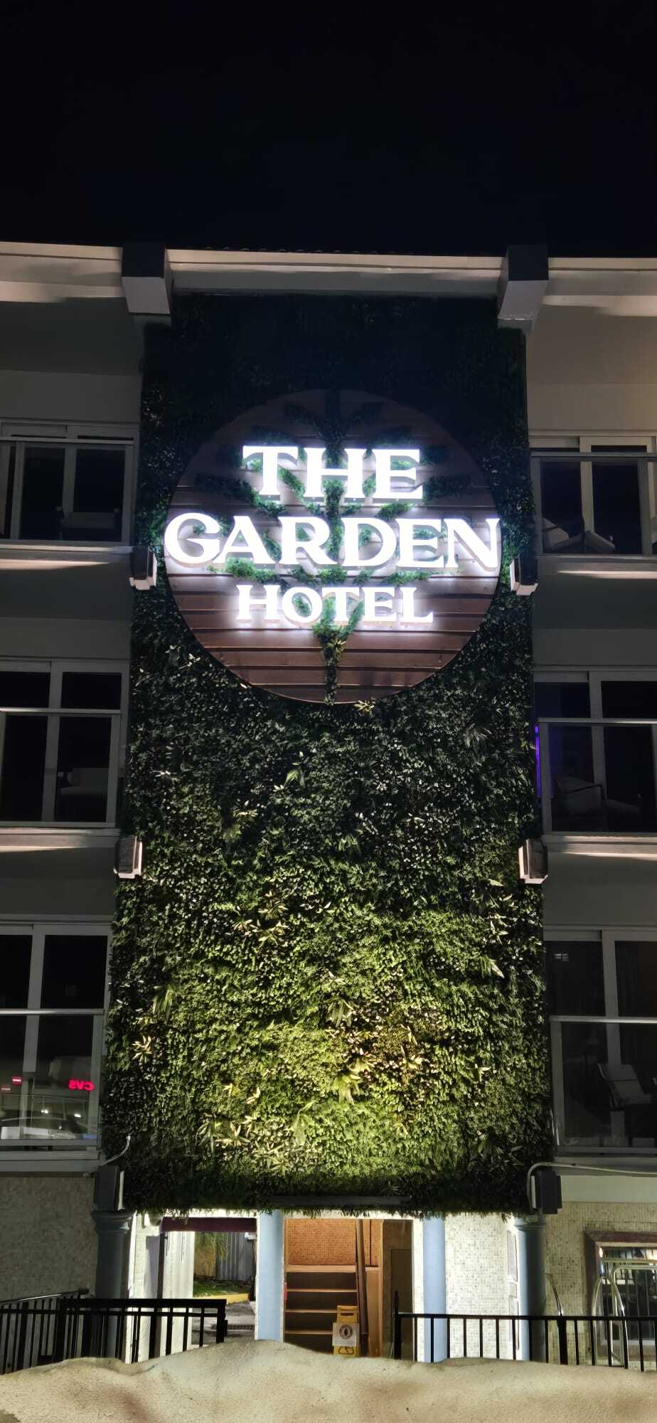 The Garden Hotel, Front illuminated Channel letters, greenery wall