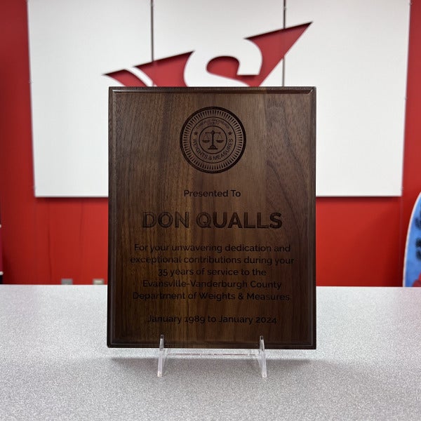 Engraved wooden service award plaque for Don Qualls