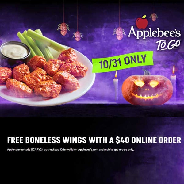 Sink Your Fangs into Applebee's Spooktacular Halloween Deal: FREE Boneless Wings with $40+ Online Orders! Sink Your Fangs into Applebee's Spooktacular Halloween Deal: FREE Boneless Wings with $40+ Online Orders!