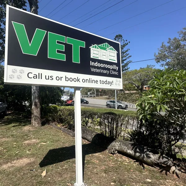 Double sided pylon lightbox signage featuring logo and contact inquiry for Indooroopilly Veterinary Clinic by Signarama Brendale.