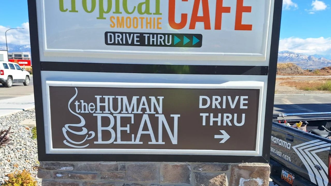 Directionals, Channel Letters, Permits, Pole Signs, Pylon, and Monument Signs • The Human Being in Riverton, Springville,  and The Coffee Shop in American Fork •  •