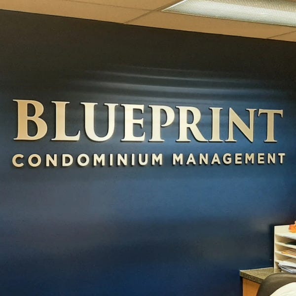 Reception Sign for Blueprint Condominium Management in Edmonton, AB
