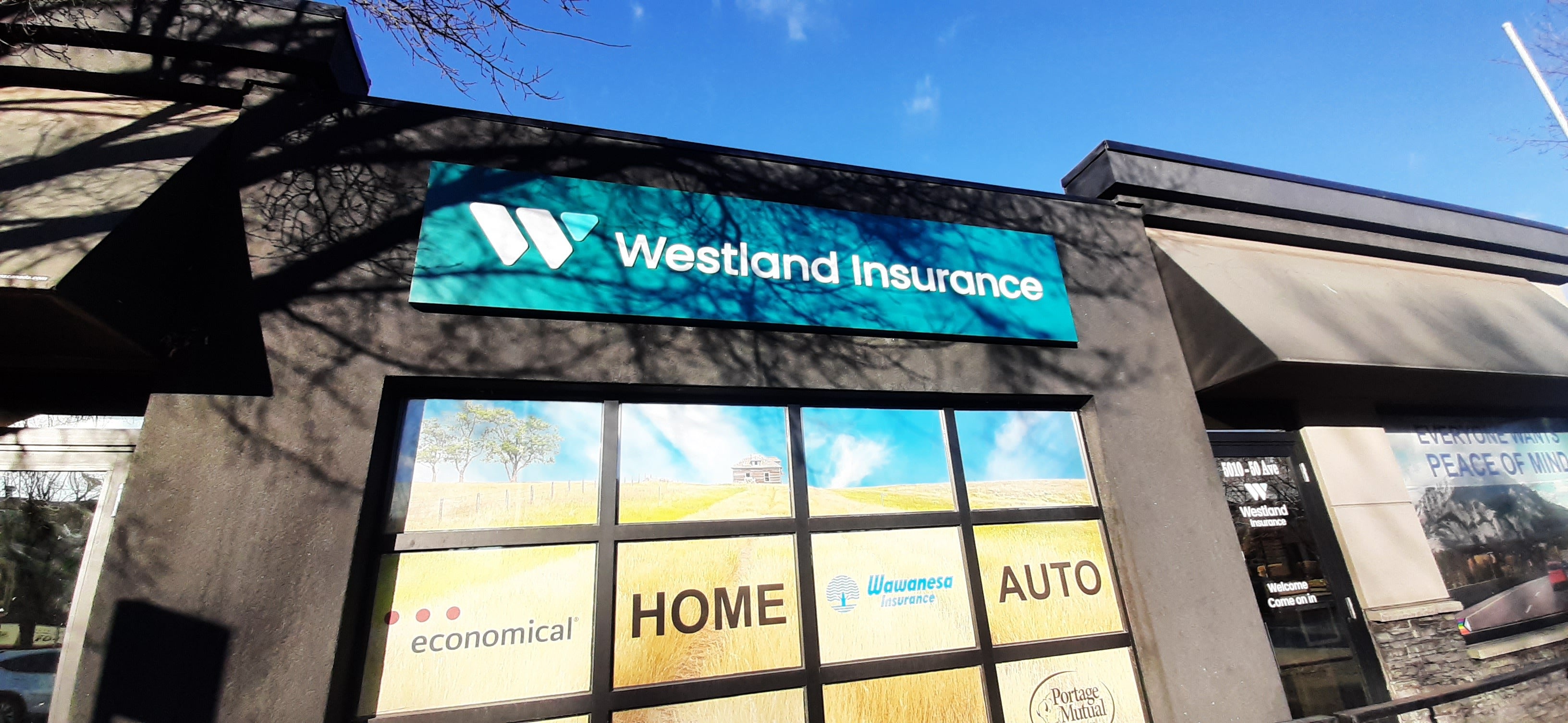 Temporary Vinyl Banner + Final Illuminated Cabinet for Westland Insurance in Leduc, AB