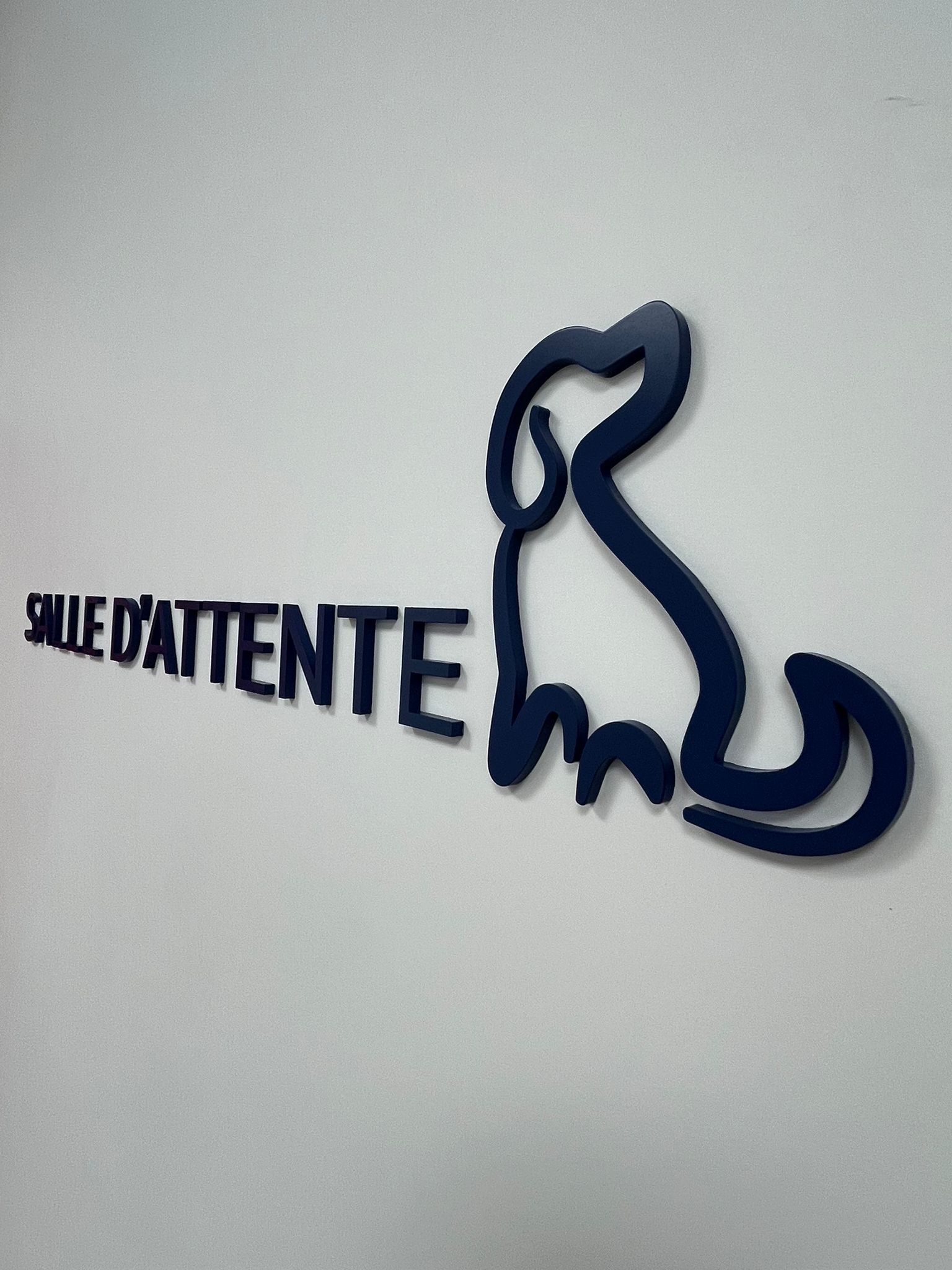 Conception et pose d'une enseigne et de signalétique intérieure en lettres découpées en relief pour la Maison des Urgences vétérinaires, située au Mans