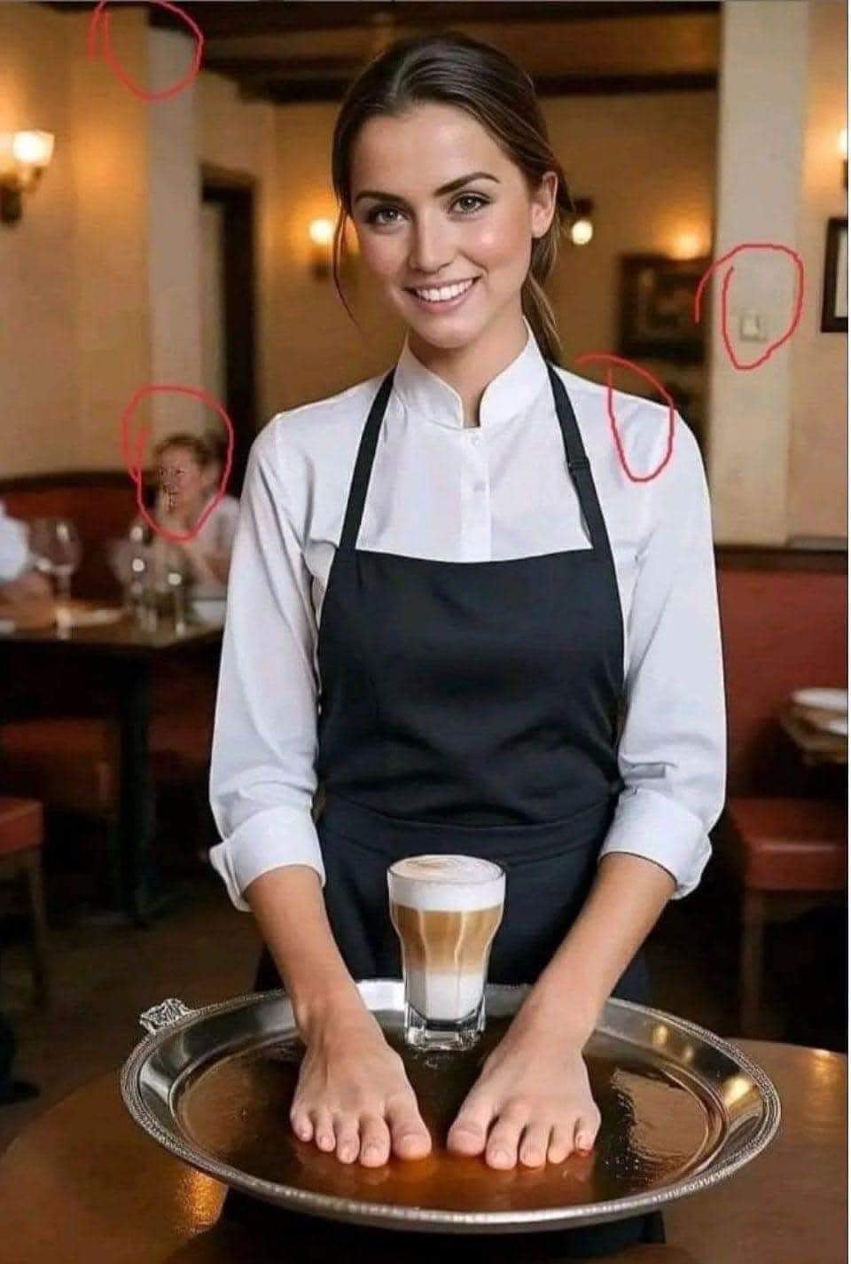 Waitress with feet for hands