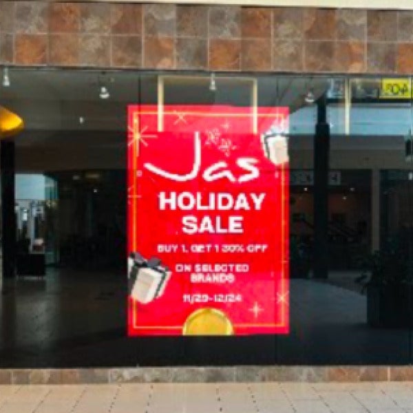 “Custom Christmas Window Graphics Highlight Holiday Sales for Ship with Jas at Dulles Mall”