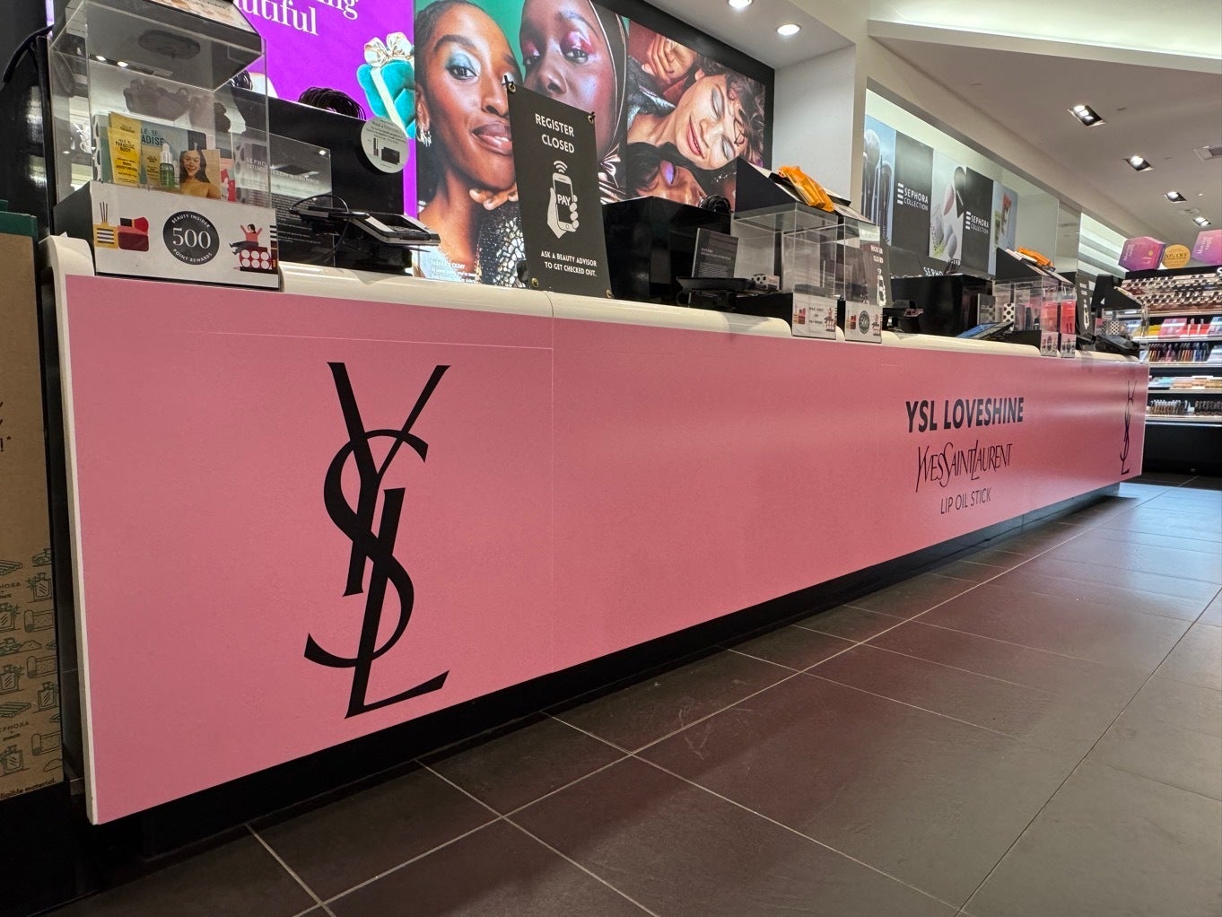 Custom Window Graphics and Cash Register Wrap for Sephora Tysons Corner’s Yves Saint Laurent Event