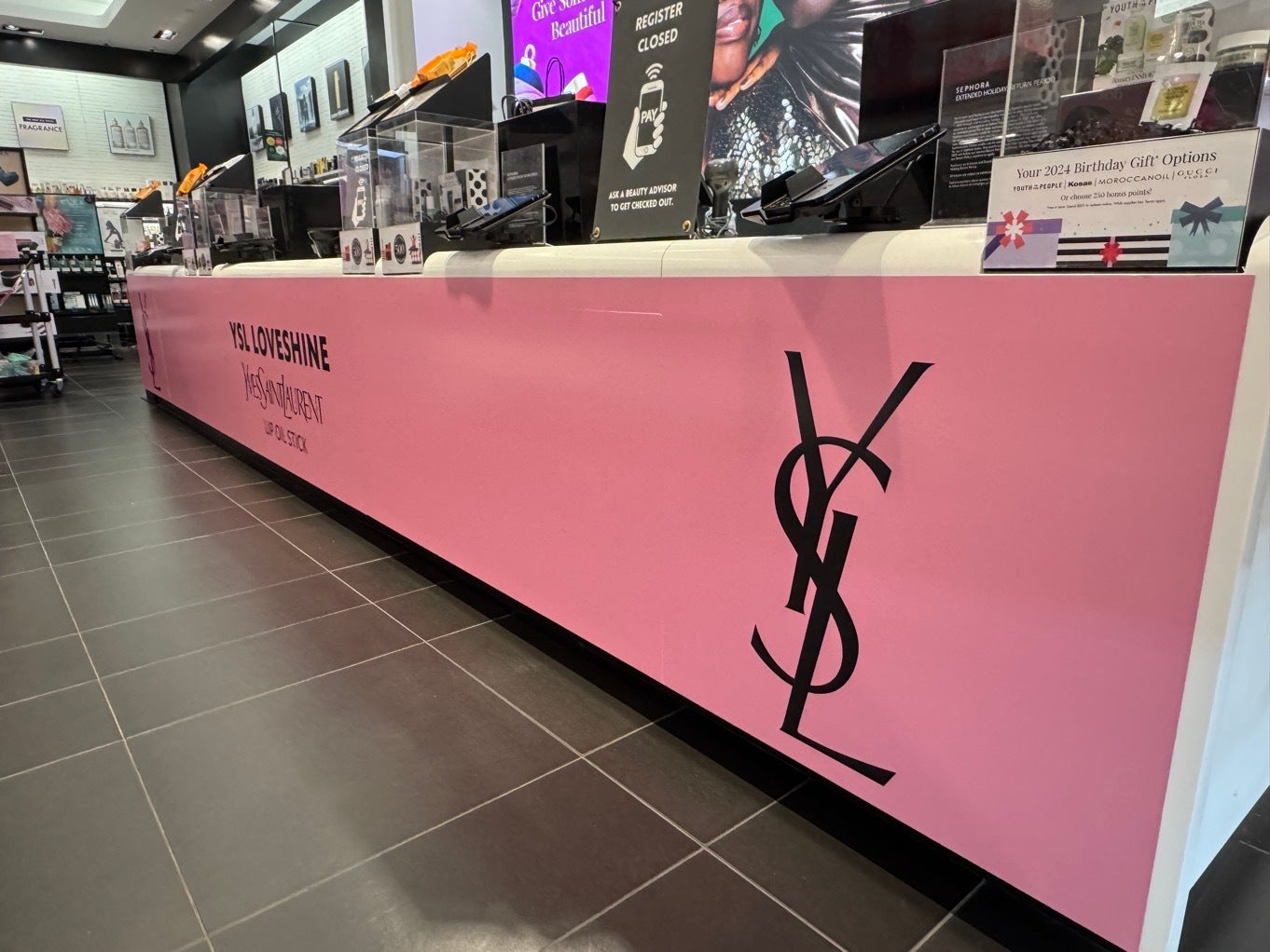 Custom Window Graphics and Cash Register Wrap for Sephora Tysons Corner’s Yves Saint Laurent Event