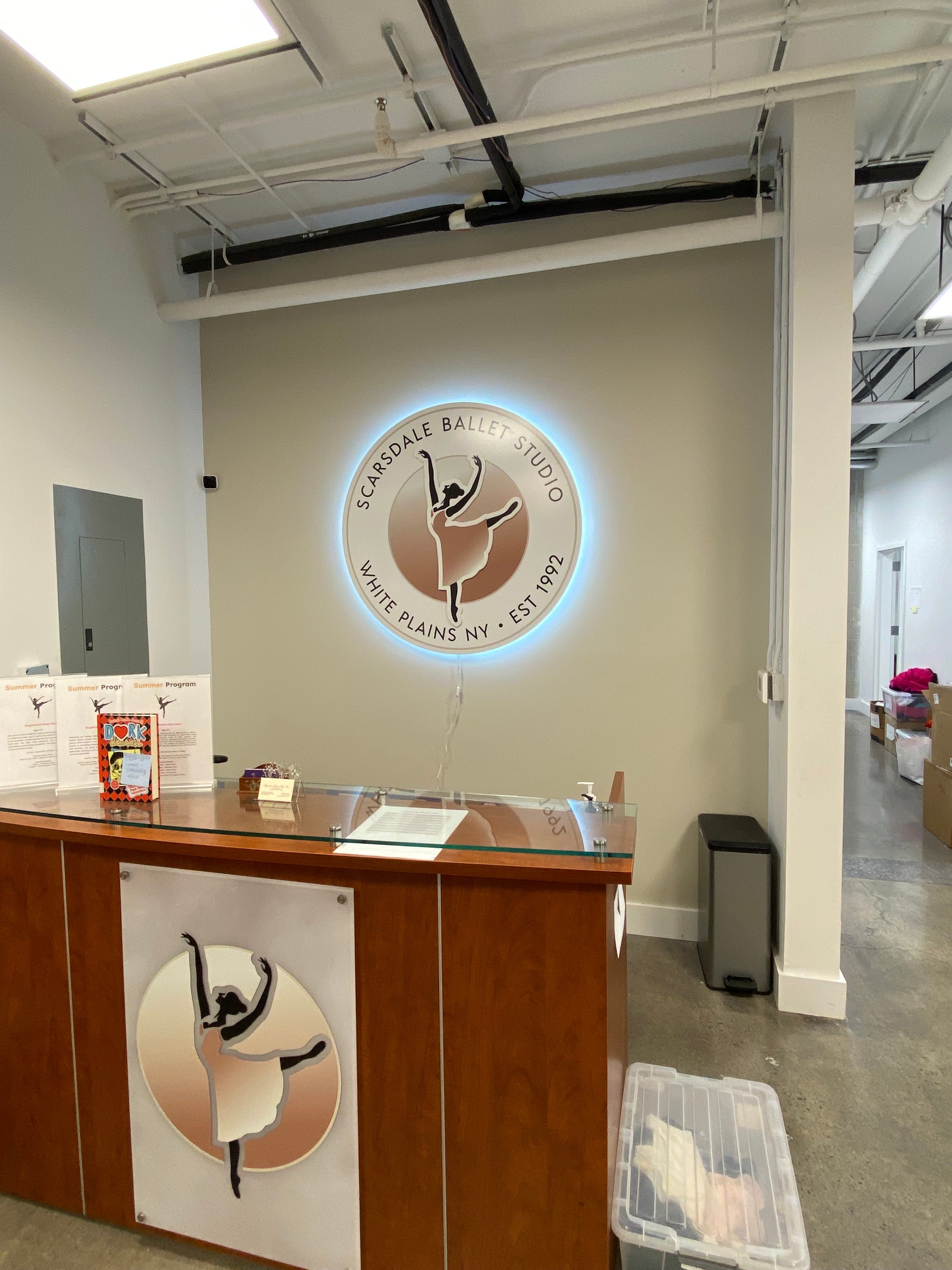 Reception sign for Scarsdale Ballet Studio in White Plains, Scarsdale. Hartsdale, New Rochelle, Yonkers, Mamaroneck, Rye, Tarrytown.